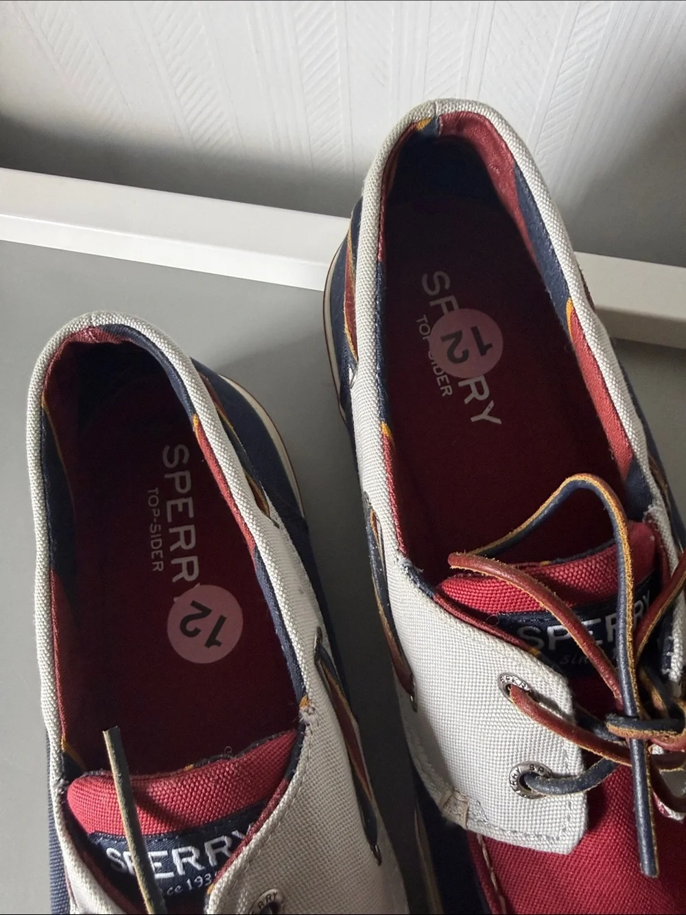 Sperry Men’s Tricolor Canvas Boat Shoes — Red, Navy & White size 12